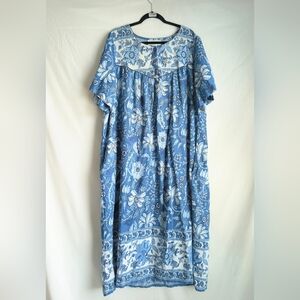 Blue Floral Cotton Garden Patio Dress 2X Cottagecore Lounge Dress Made in India